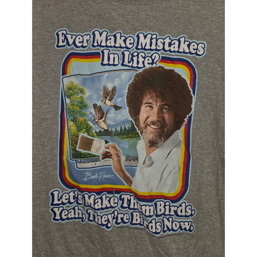 Bob Ross Graphic T-Shirt Mens 2XL Gray Excellent  No Mistake They're Birds ...